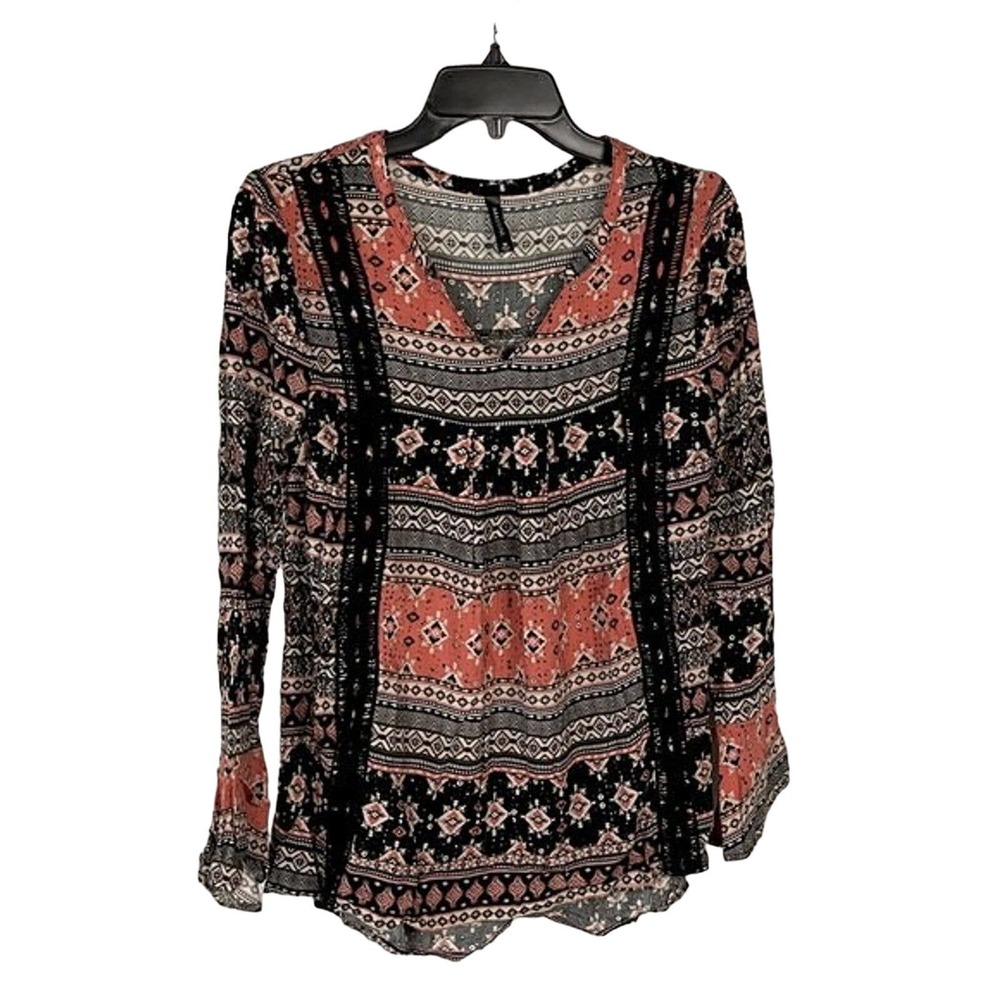 Massini Womens Size M Southwestern Bohemian Print Embroidered Bell Sleeve Blouse